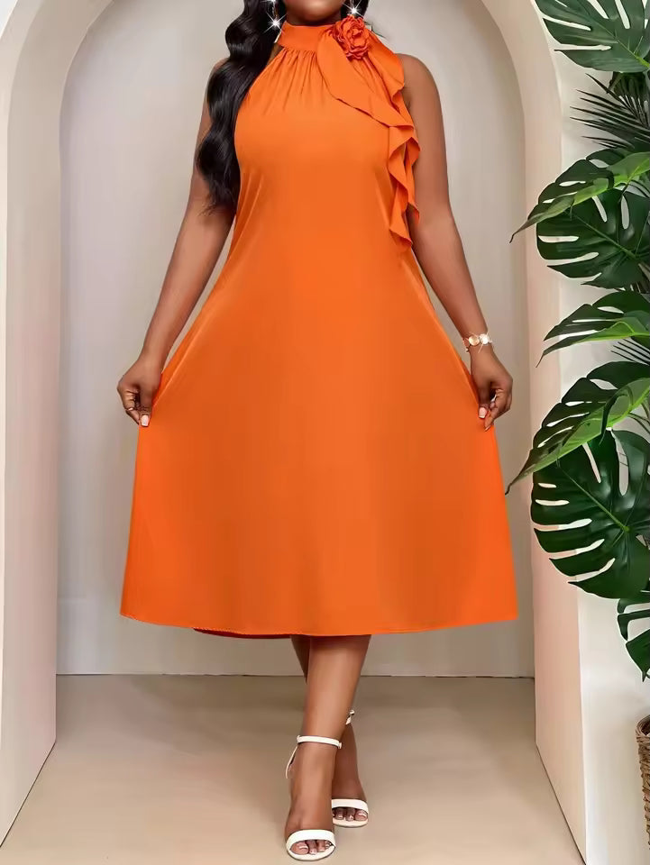 Vibrant Orange Midi Dress With 3D Floral