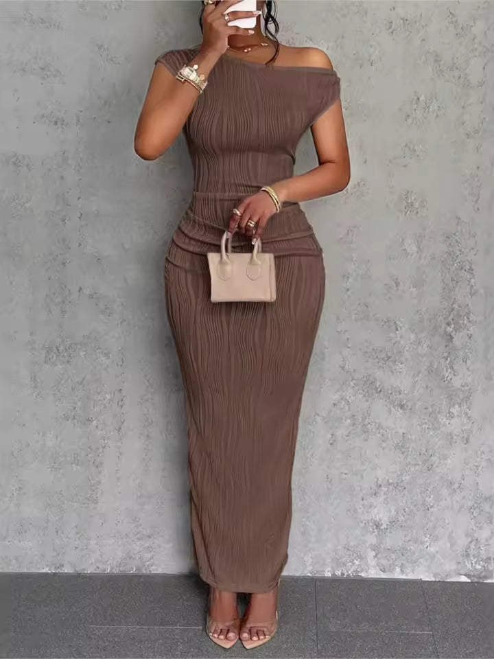 Fashion Water Ripple Slanted Shoulder Dress