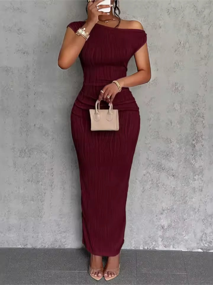 Fashion Water Ripple Slanted Shoulder Dress