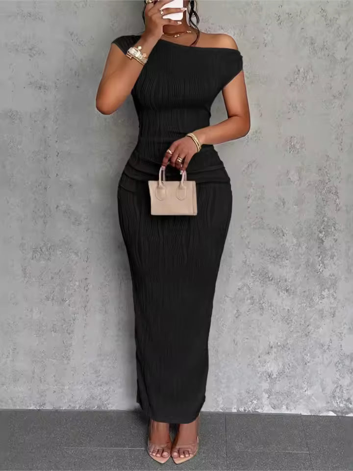 Fashion Water Ripple Slanted Shoulder Dress